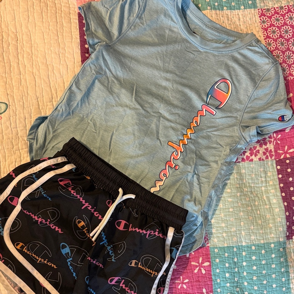 Champion Light Blue Tee and Black Logo Shorts